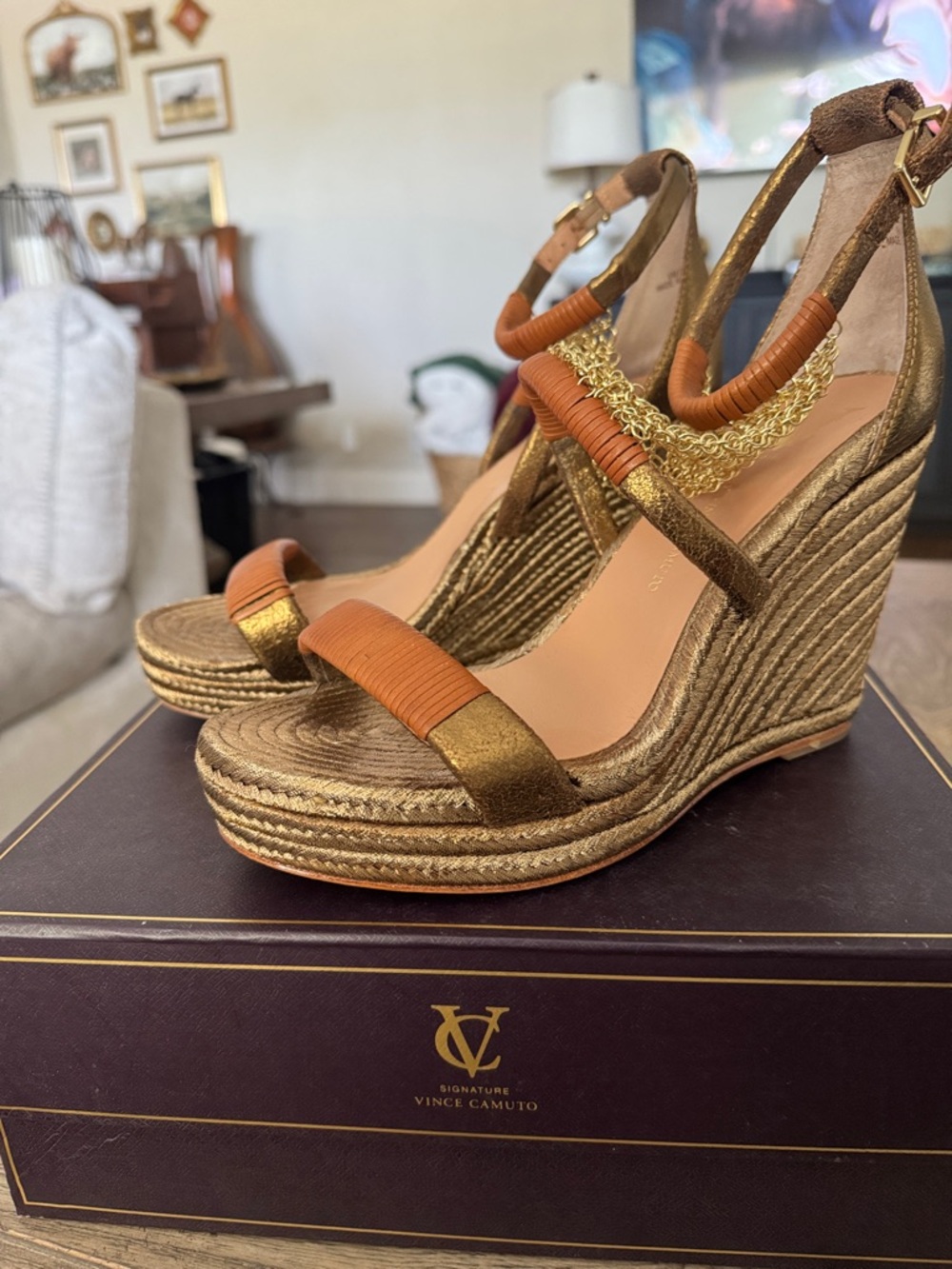 Vince Camuto Metallic Gold Wedge Sandals with Orange Accents